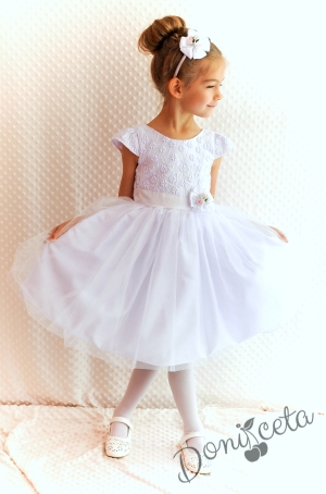 Официална детска рокля в бяло от дантела и тюл за шаферка или кръщене с голяма панделка отзад Боряна