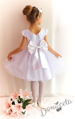 Официална детска рокля в бяло от дантела и тюл за шаферка или кръщене с голяма панделка отзад Боряна