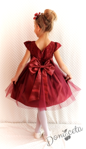Официална детска рокля в бордо дантела и тюл и 3D рози 278ВТ