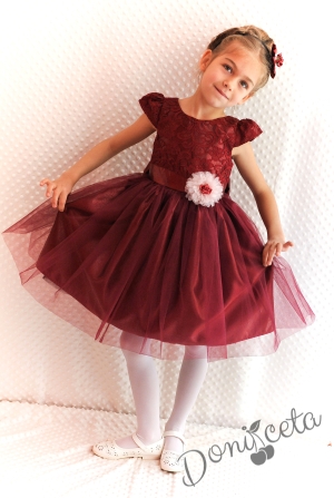 Официална детска рокля в бордо дантела и тюл и 3D рози 278ВТ