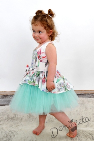 Официална детска рокля на цветя с тюл в тюркоаз/мента Катя