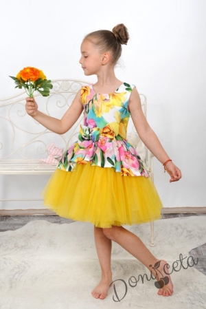 Официална детска рокля на цветя с тюл в жълто Желина