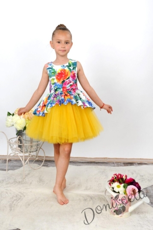Празнична детска рокля на цветя с тюл в жълт цвят Женя