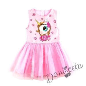 Официална детска рокля с еднорог в розово