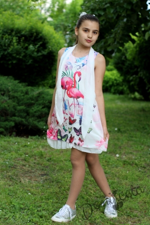 Лятна детска рокля в бяло с фламинго с шал