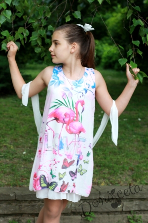 Лятна детска рокля в бяло с фламинго с шал