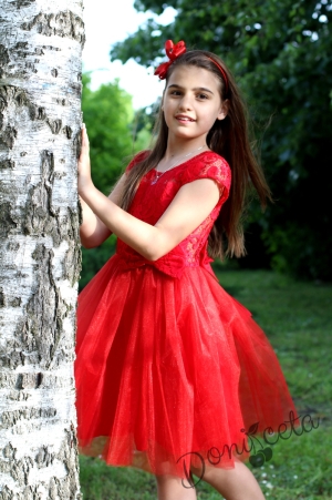 Официална детска рокля Дони от дантела и с тюл в червено с къс ръкав