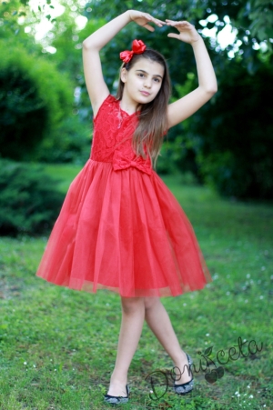 Официална детска рокля Дони от дантела и с тюл в червено с къс ръкав
