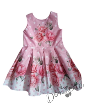 Официална или ежедневна детска рокля Магдалена цветя в розово и точки