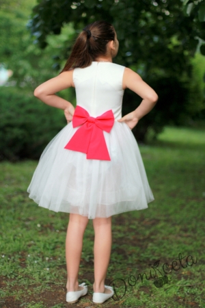 Официална детска рокля с рози в червено и с тюл  в екрю