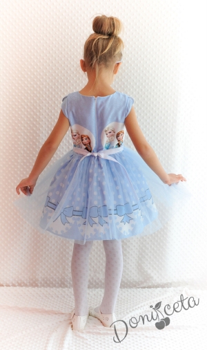 Официална детска рокля  с тюл в светлоосиньо с Анна и Елза от Замръзналото кралство