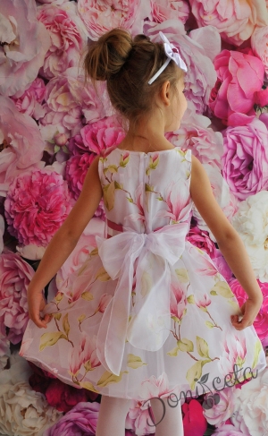 Официална детска рокля от органза Цвети  в бяло на цветя  