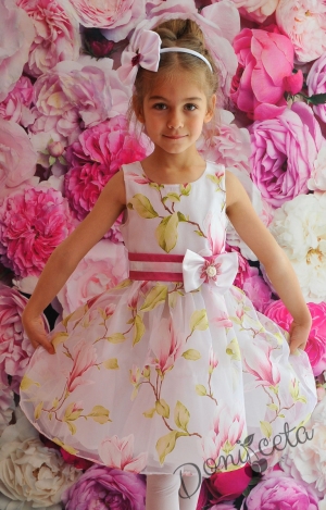 Официална детска рокля от органза Цвети  в бяло на цветя  