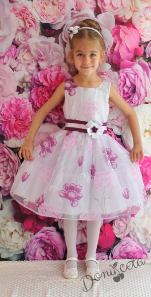 Официална детска рокля от органза Лилка за пролет-лято без ръкав и на цветя в лилаво 
