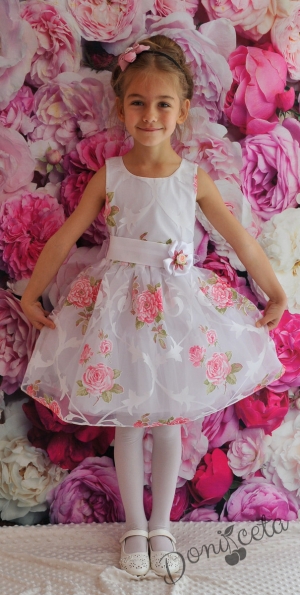 Официална детска рокля от органза в бяло с рози без ръкав Розина