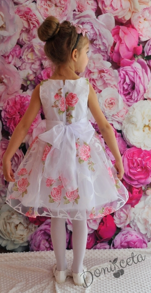 Официална детска рокля от органза в бяло с рози без ръкав Розина