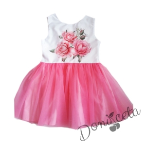 Официална детска рокля в розово с цветя и тюл
