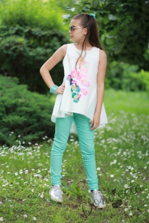 Комплект от летен прав панталон за момиче в тюркоаз/мента с туника с орхидеи