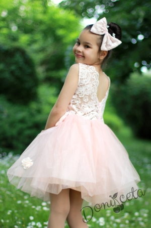 Официална детска рокля от дантела и тюл в прасковено Ади с 3D цветя