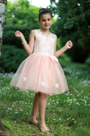 Официална детска рокля от дантела и тюл в прасковено Ади с 3D цветя