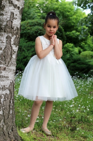 Официална детска рокля от бутикова дантела и тюл в екрю