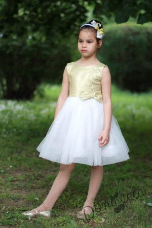 Официална детска рокля с тюл в екрю и златисто Мимоза