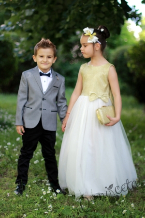 Официална дълга детска рокля в екрю и златисто за сватба, кръщене или друг празник Мимоза