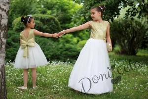 Официална дълга детска рокля в екрю и златисто за сватба, кръщене или друг празник Мимоза