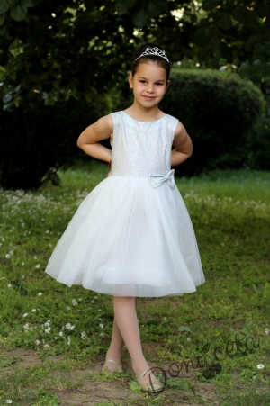Официална детска рокля с тюл в бяло и сребристо Гълъбина