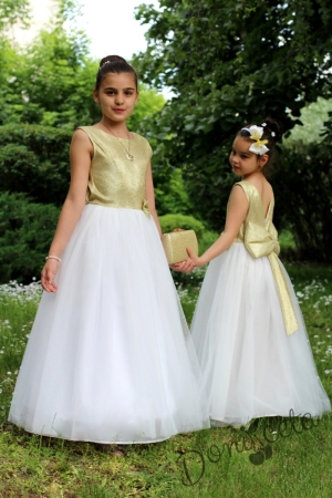 Официална дълга детска рокля в бяло и златисто 