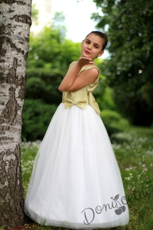Официална дълга детска рокля в бяло и златисто с обръч