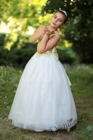 Официална дълга детска рокля в екрю и златисто с 2 обръча