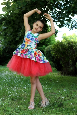 Детска рокля на цветя Надежа с тюл в цвят малина