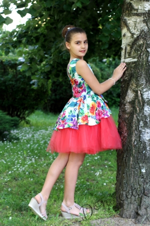 Детска рокля на цветя с тюл в цвят малина Мила