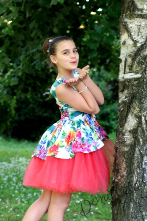 Детска рокля на цветя с тюл в цвят малина Мила