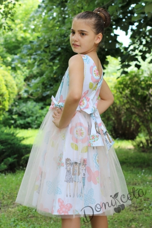Лятна детска рокля в розово с цветя и пеперудки и с тюл