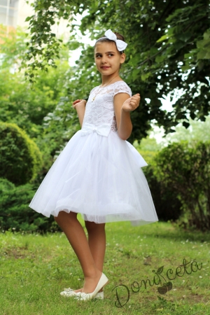 Официална детска рокля в бяло от дантела и тюл Белинда