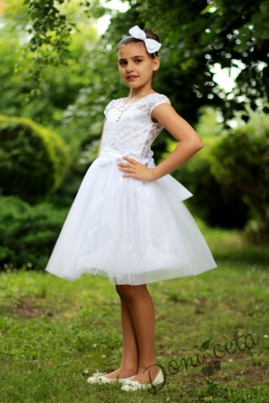 Официална детска рокля в бяло от дантела и тюл Белинда