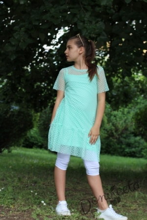 Детска рокля-туника в тюркоаз/мента с дантела за момиче