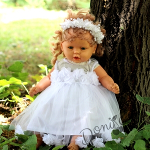 Бебешка официална рокля в бяло с тюл и с 3D розички Бара