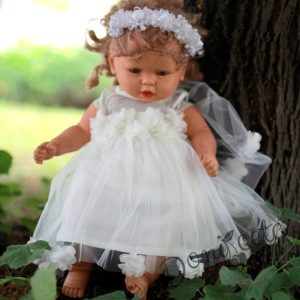 Официална детска рокля в екрю с тюл с розички в бяло с тюл с розички