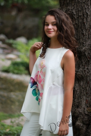 Комплект от летен панталон за момиче в бяло с туника с орхидеи