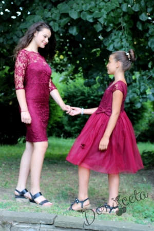 Официална детска рокля в бордо Борислава от дантела и тюл от колекция &quot;Майки и дъщери&quot;