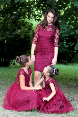 Официална детска рокля в бордо Борислава от дантела и тюл от колекция "Майки и дъщери"