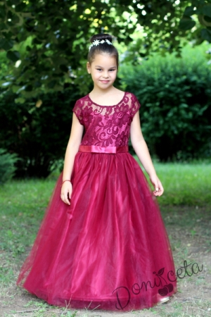 Официална дълга детска рокля с дантела в бордо с обръч от колекция &quot;Майки и дъщери&quot;