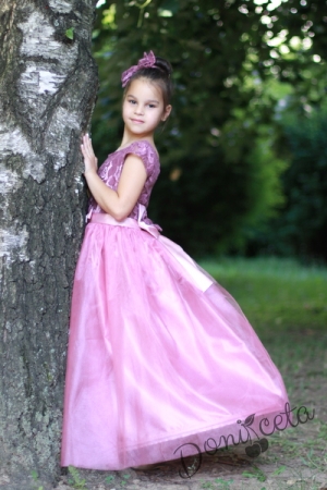 Официална дълга детска рокля Пепелота с дантела в пепел от рози с обръч 
