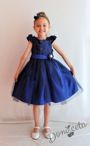 Официална детска рокля в тъмносиньо с 3D пеперуди и тюл Златина