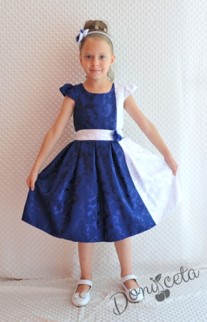 Официална детска рокля в тъмносиньо и бяло с къс ръкав Рилия