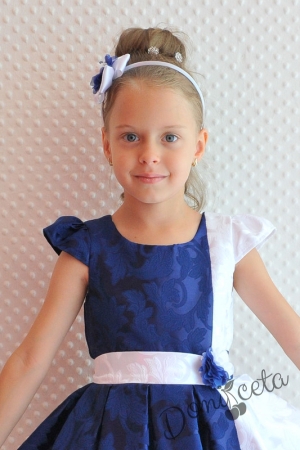 Официална детска рокля в тъмносиньо и бяло с къс ръкав Рилия