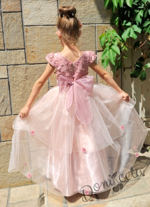Официална детска дълга рокля в пепел от рози с 3D цветя